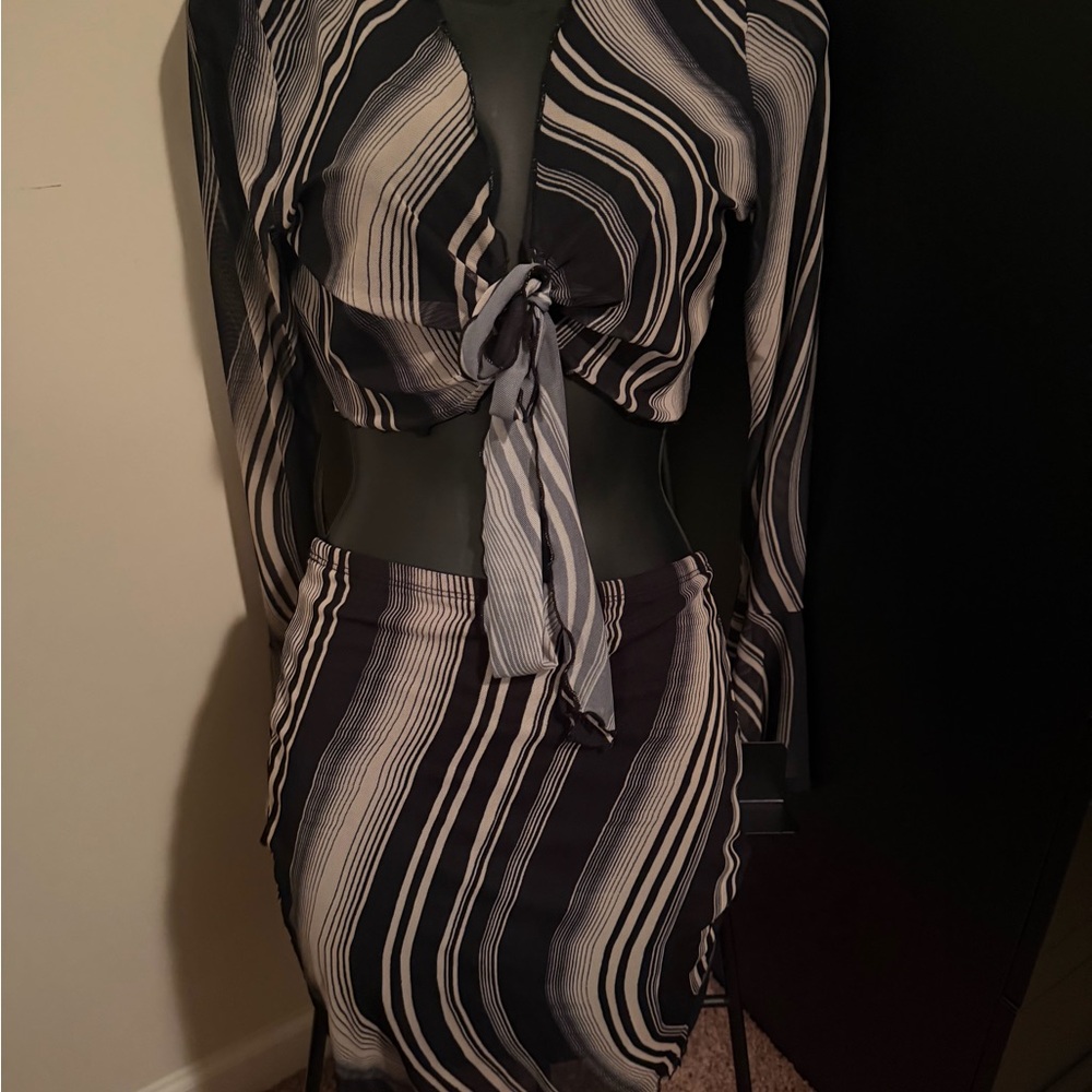 Fashion Nova Black and Cream Striped Skirt Set
